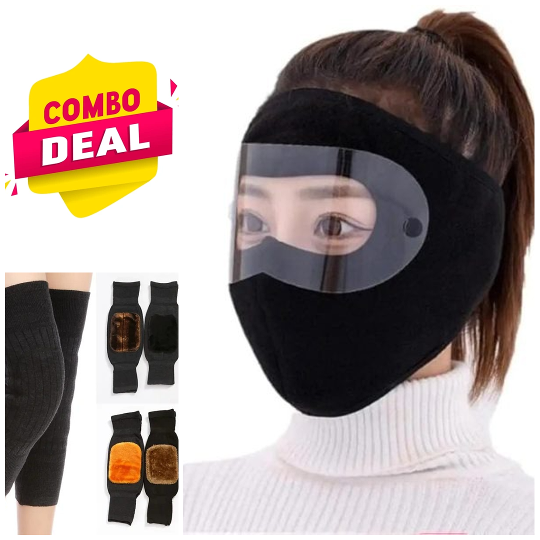 Windproof Anti Dust Full Face Masks Cycling Ski Breathable Masks Eye HD Anti Fog Goggles Hood Cover Winter Warm Hat Caps - Windproof Anti Dust Full Face Masks ( 01 Pair ) Knee Warmer Woolen Knee Cap ( Random Color )