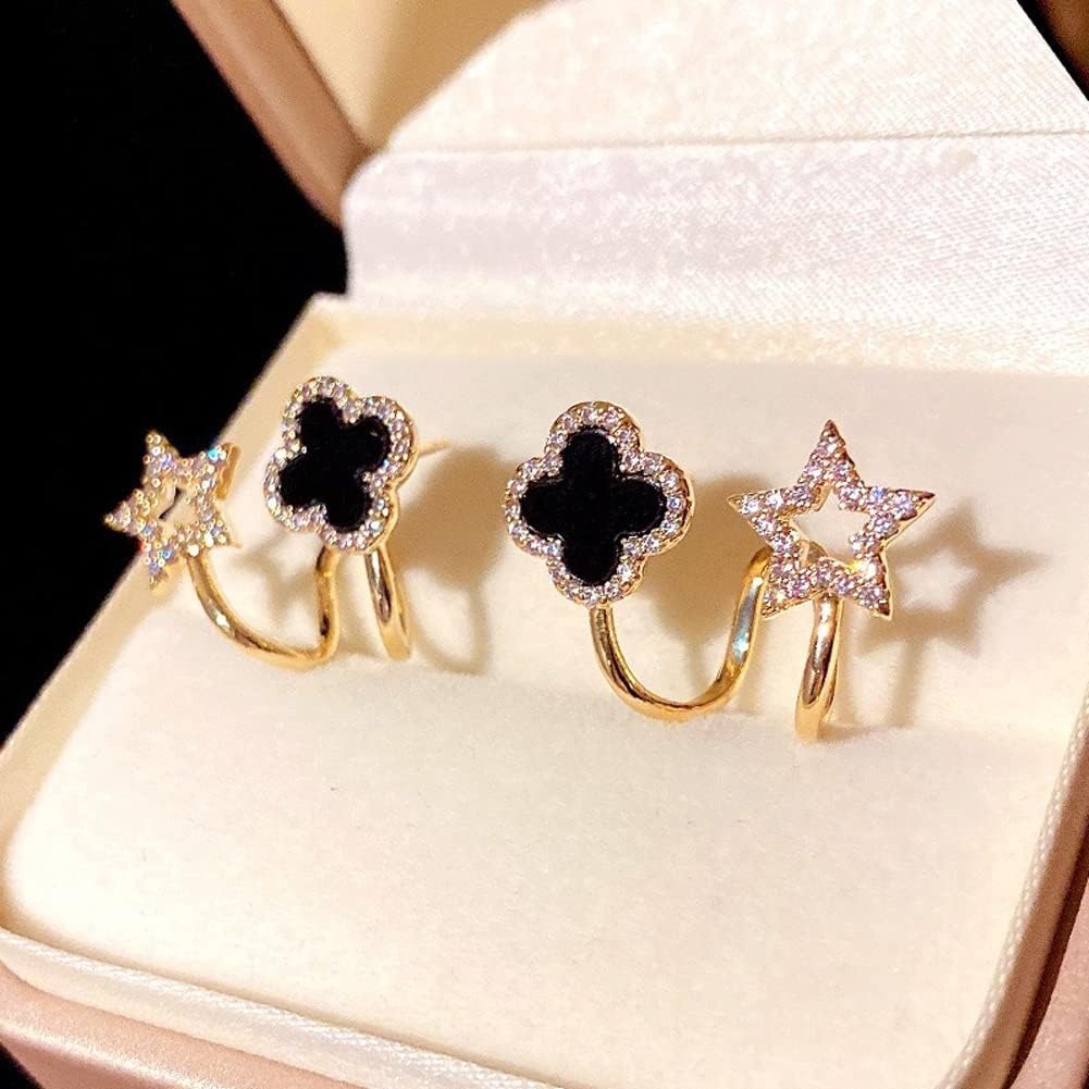 Sparkling Clover Star Earrings – Gold Plated Fashion Jewelry with Black Enamel &amp; Crystal Detailing ( PXJ-107)