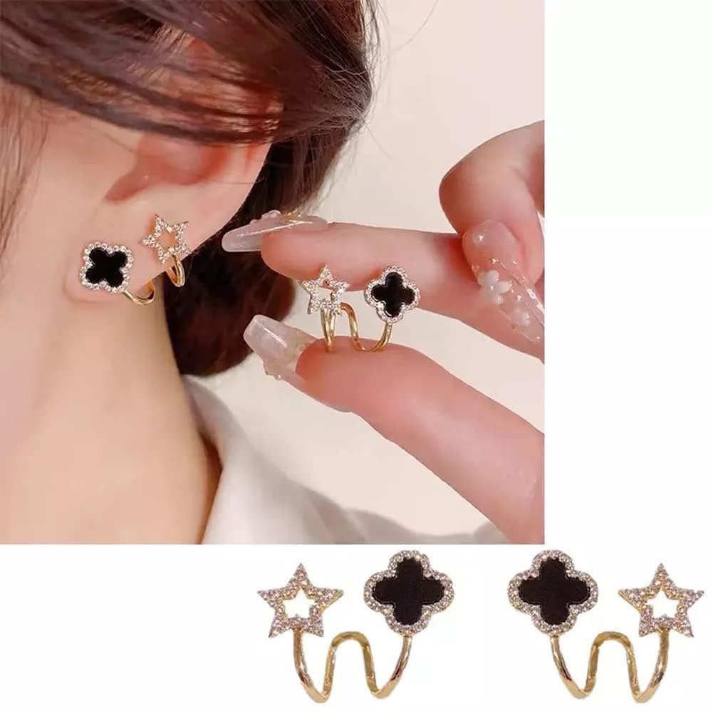 Sparkling Clover Star Earrings – Gold Plated Fashion Jewelry with Black Enamel &amp; Crystal Detailing ( PXJ-107)
