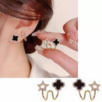 Sparkling Clover Star Earrings – Gold Plated Fashion Jewelry with Black Enamel &amp; Crystal Detailing ( PXJ-107)