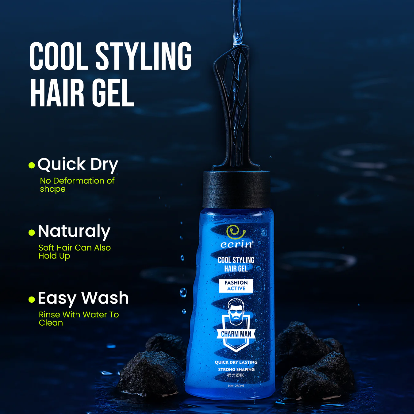 ECRIN Cool Styling Hair Gel with Active Collagen | Strong Hold, No Flakes, Nourishing Formula for All Hair Types, Daily Use Gel with Refreshing Cool Effect - With Comb (280ml)