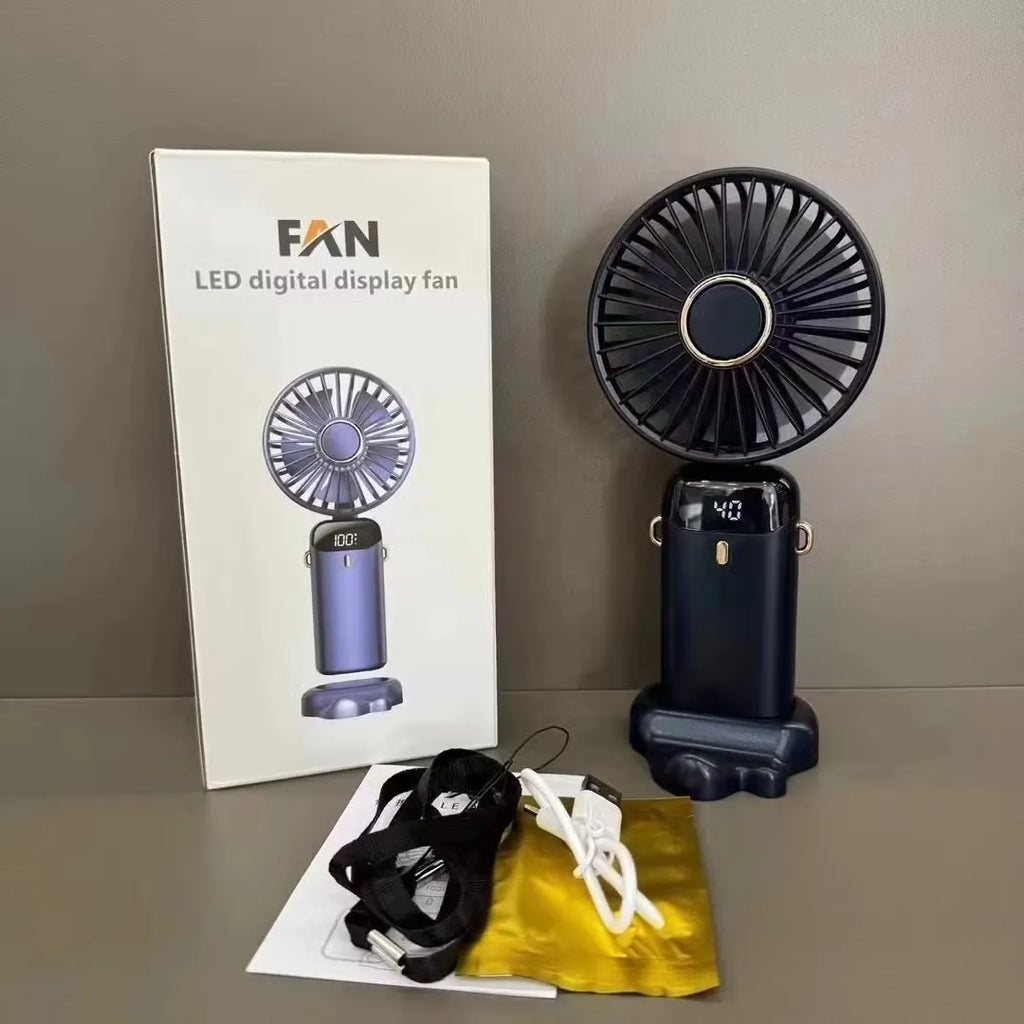 LED Digital Display Rechargeable Fan with USB Cable – Portable Mini Cooling Fan with Adjustable Speed, Battery Indicator &amp; Easy Charging (random color)
