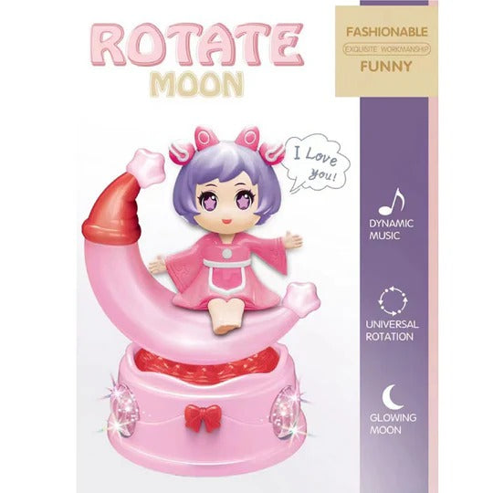 Rotating Moon Doll Toy With LED Lights &amp; Music – Adorable Crescent Moon Design, Universal Rotation, Safe for Kids 3+, Pink &amp; Purple Gift for Fun and Sensory Play (Random Color)