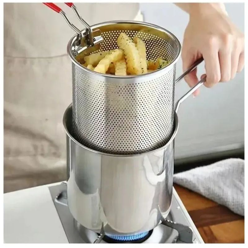 Stainless Steel Deep Fryer Pot with Strainer – Heavy-Duty Frying Pan for Home Kitchen Use – 1200ML Oil Capacity