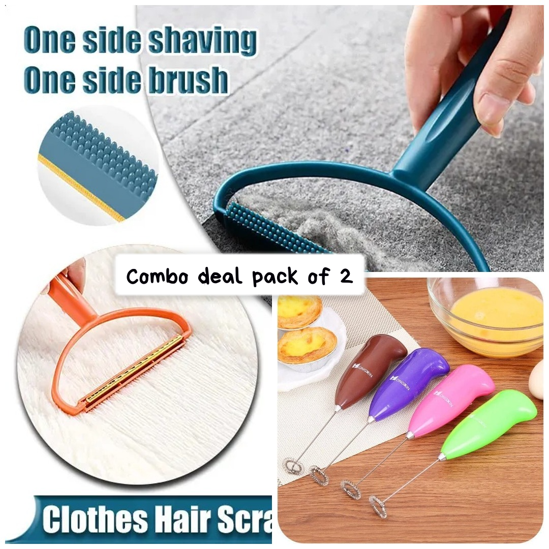 Combo deal  pack of 2 Lint remover and Electric Egg Beater Milk Drink Coffee (random color)