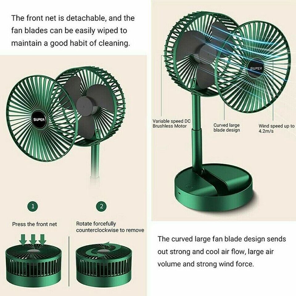 Rechargeable - Portable Telescopic Folding Fan | USB Foldable | Table Desk Fan | Telescopic Design Floor | 3 Speeds Adjustable height Fan (Random color)