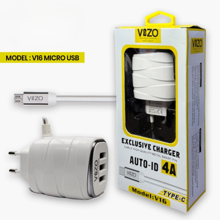 V16-Micro USB – 4A Smart Fast Charger (3 USB Ports + Built-in Cable) | Vizo V16 Micro USB Charger - Android Phone Charger - Mobile Phone Charger