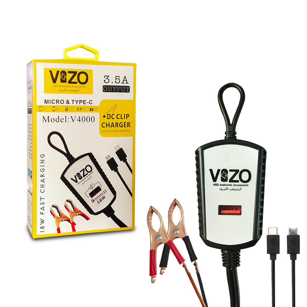 V4000 Dual Cable Clip Charger | Best Quality Type C Charger - 18W Charger - Vizo Charger | DC Clip Charger with Micro &amp; Type-C Cable - 3.5 A