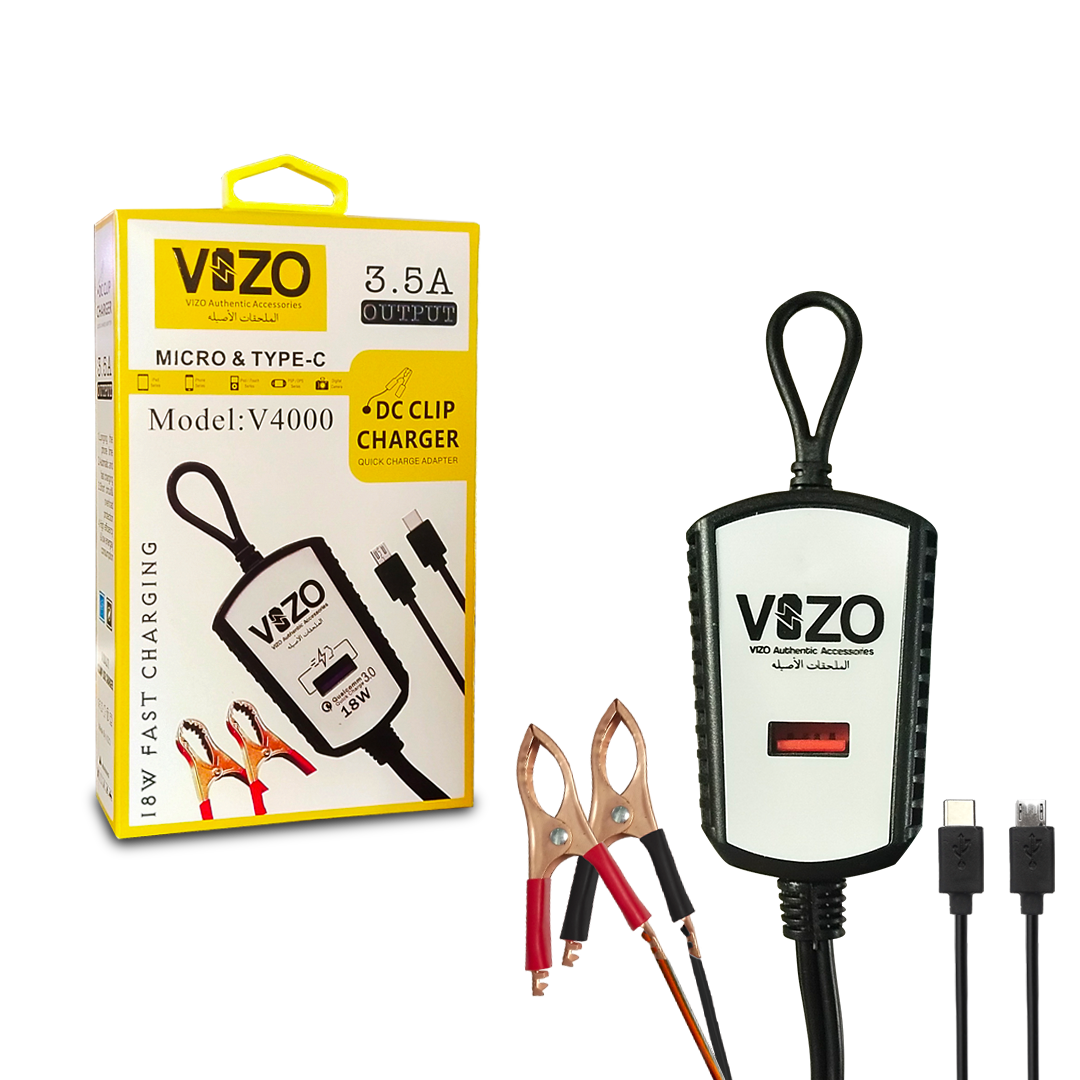 V4000 Dual Cable Clip Charger | Best Quality Type C Charger - 18W Charger - Vizo Charger | DC Clip Charger with Micro &amp; Type-C Cable - 3.5 A