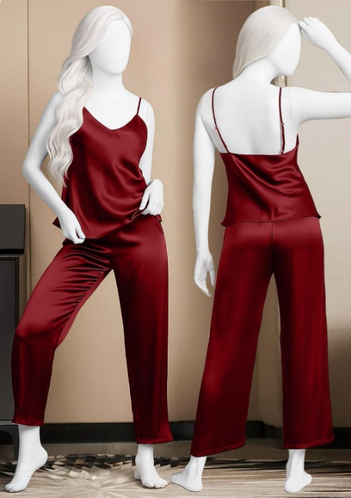 Satin Sleepwear Set – Spaghetti Top & Loose Trouser – Free Size